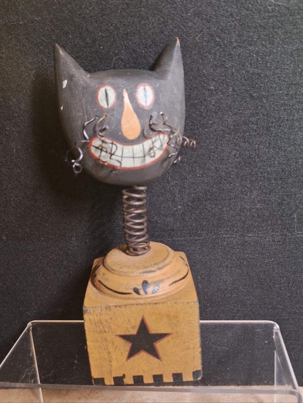 Primitive Style Halloween Black Cat Smiling Whiskers Bobblehead Wood Block Stars